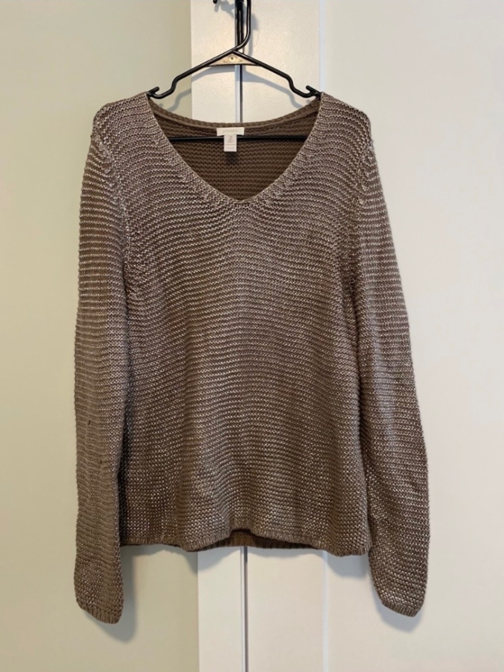 Chicos Silver Coated Taupe V Neck Sweater